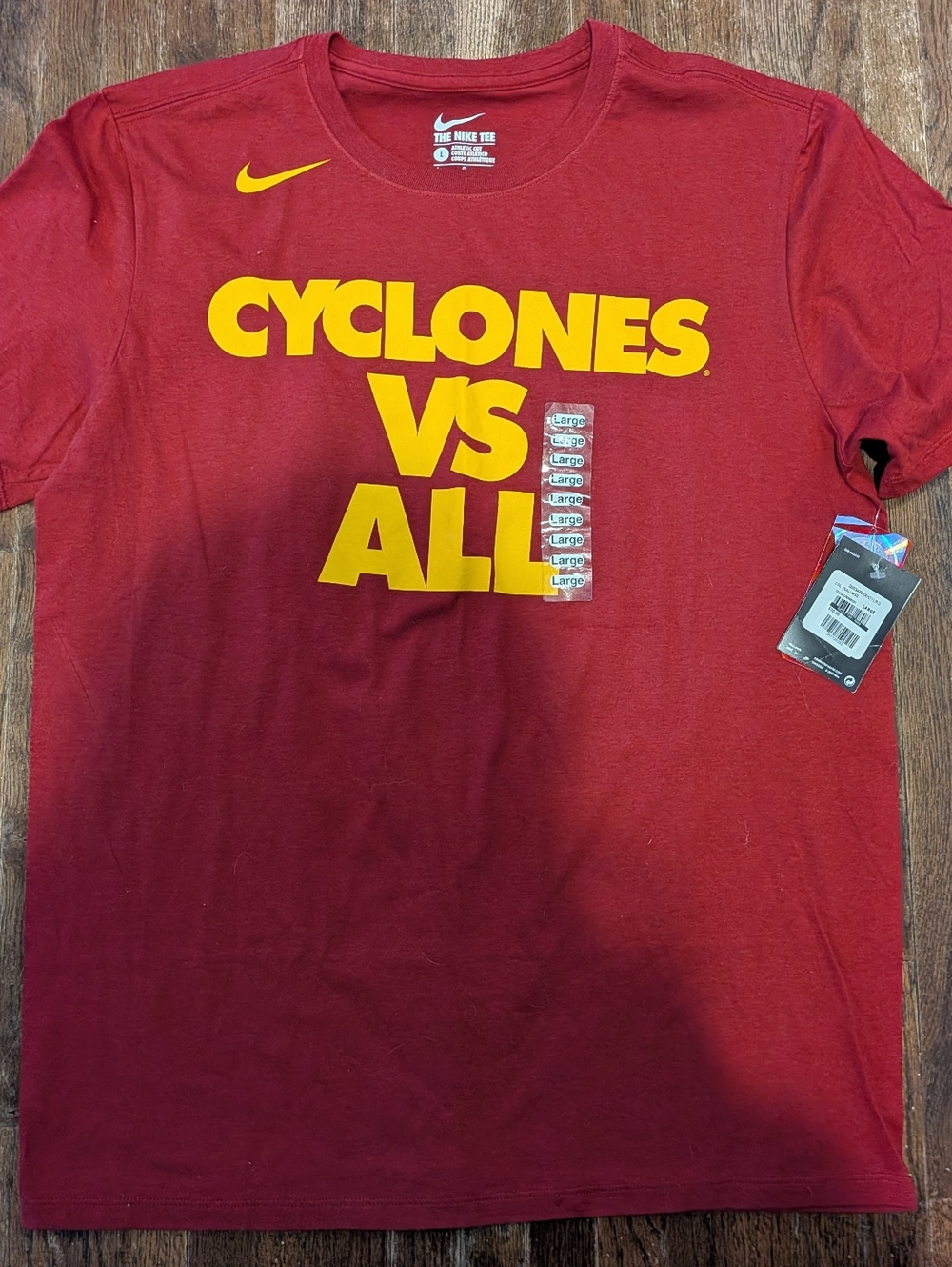 NWT Men's Size L Nike Red Tee with Yellow Cyclones VS ALL Logo